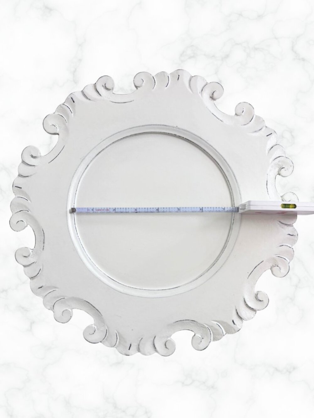 PIER 1 IMPORTS Set of 2 Distressed White Wood Scroll Charger Plates 13" Round - Picture 2 of 5